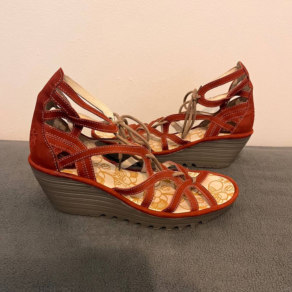 FLY LONDON Yuke Sandals Womens Size 41 US 10 Red Leather Lace Up Wedge Gladiator
